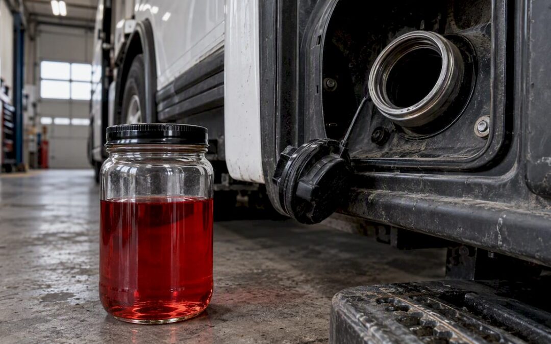 Red dyed diesel beside a fleet truck fuel inlet