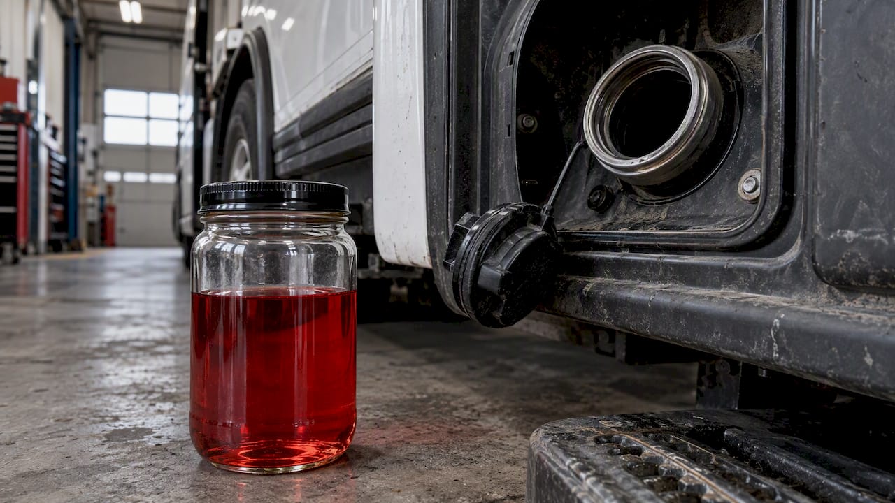 Red dyed diesel beside a fleet truck fuel inlet