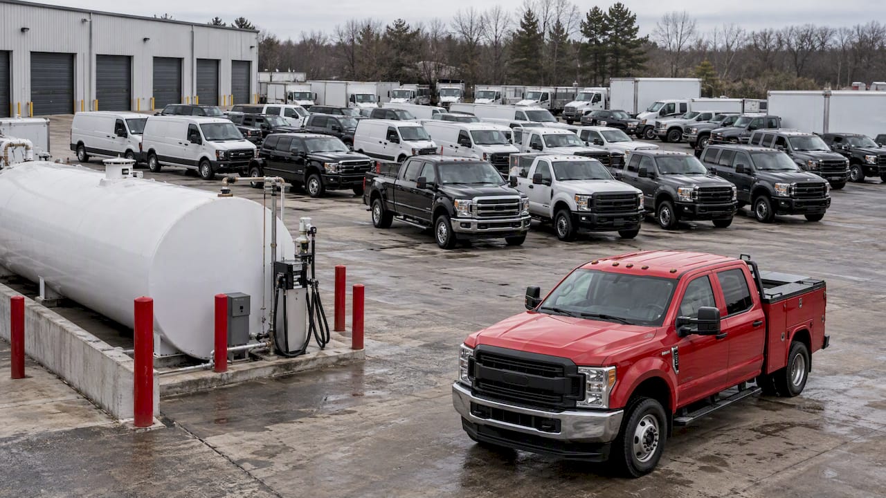 Unbranded fleet parked beside an on-site fuel tank