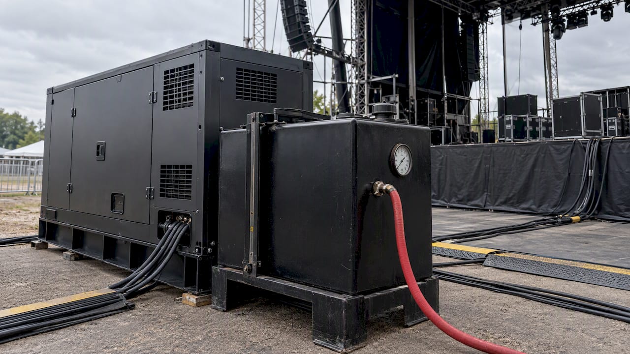 Festival generator and fuel tank at event site