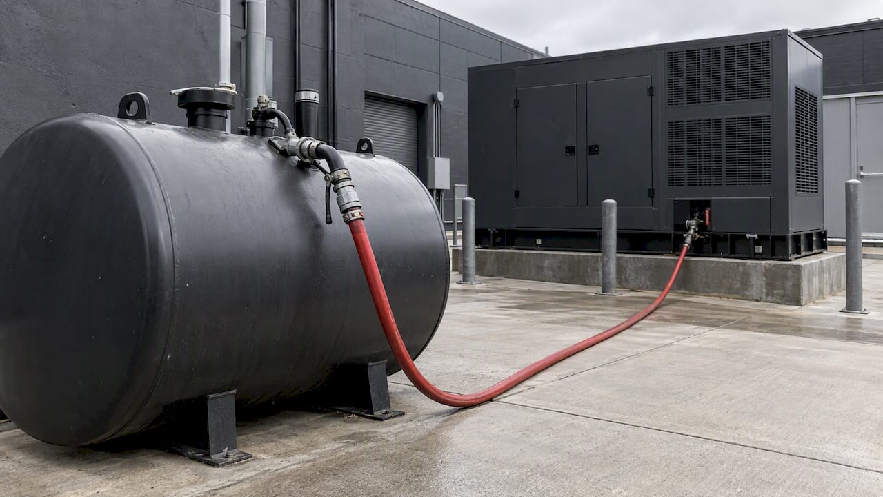Generator fuel tank connected to transfer hose