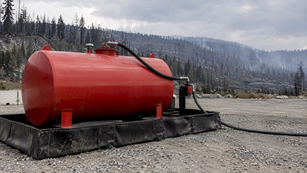 Portable fuel tank at wildfire staging area