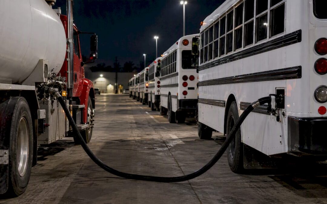 Fuel truck wet-hosing parked school buses