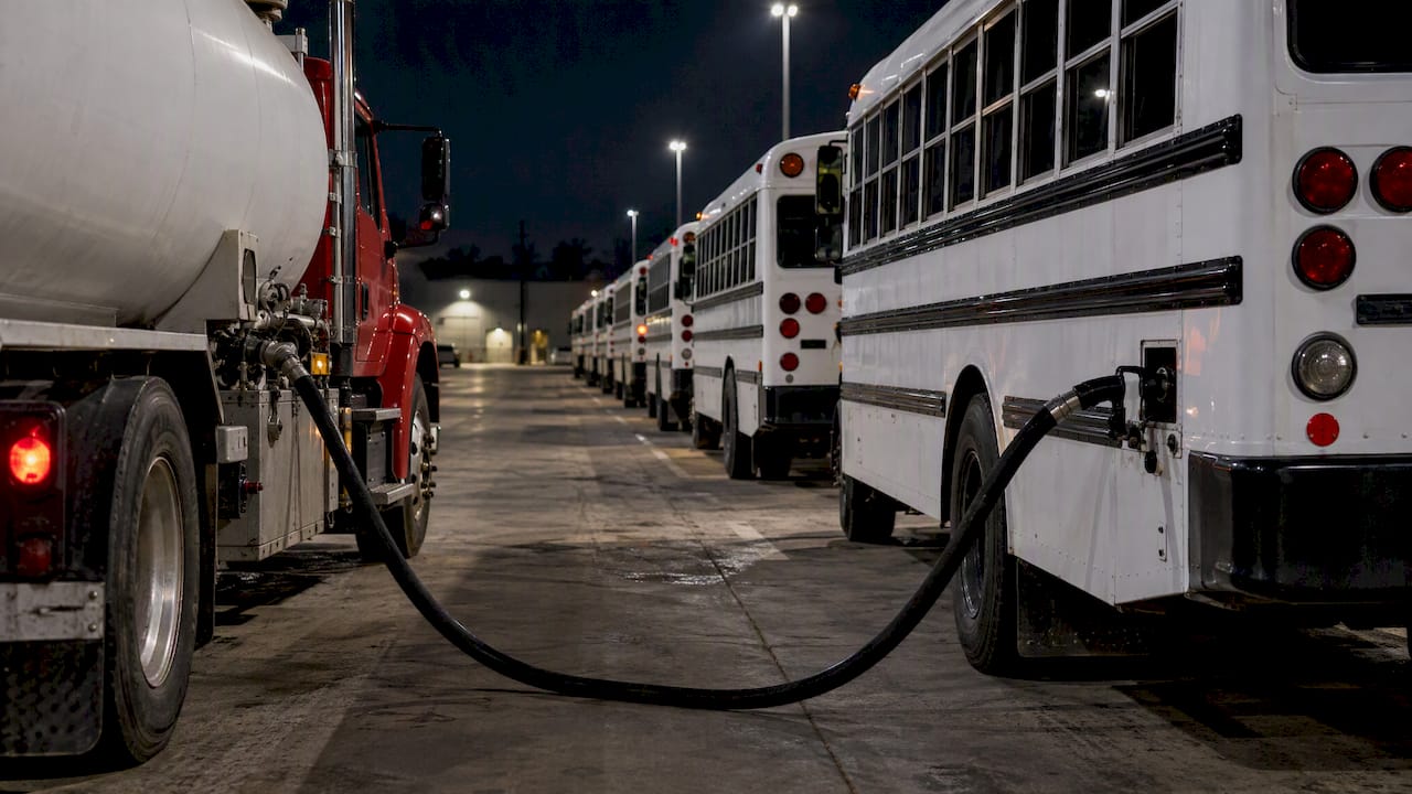 Fuel truck wet-hosing parked school buses