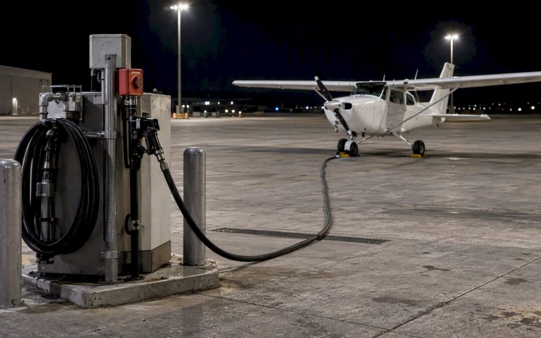 After-hours aircraft fueling pump on airport apron
