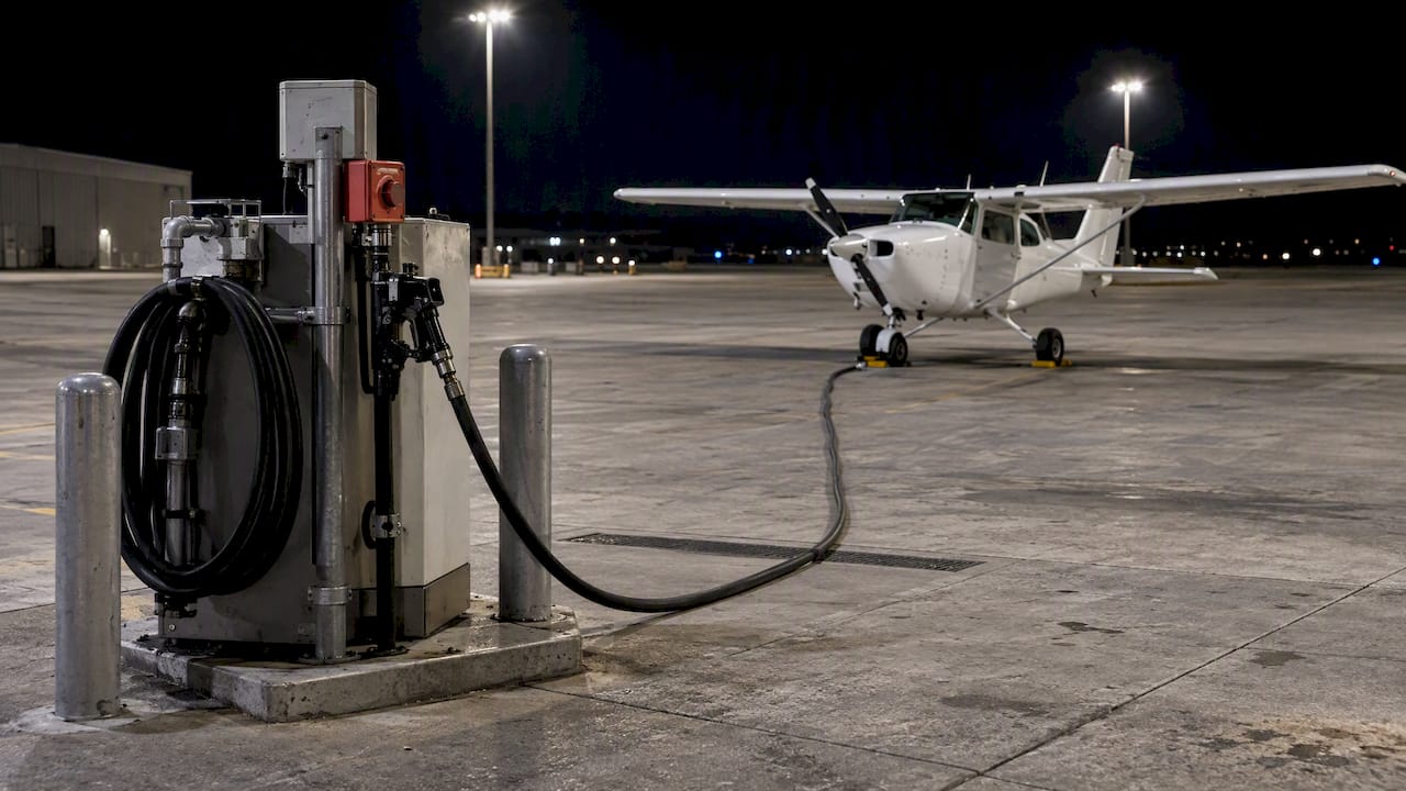 After-hours aircraft fueling pump on airport apron