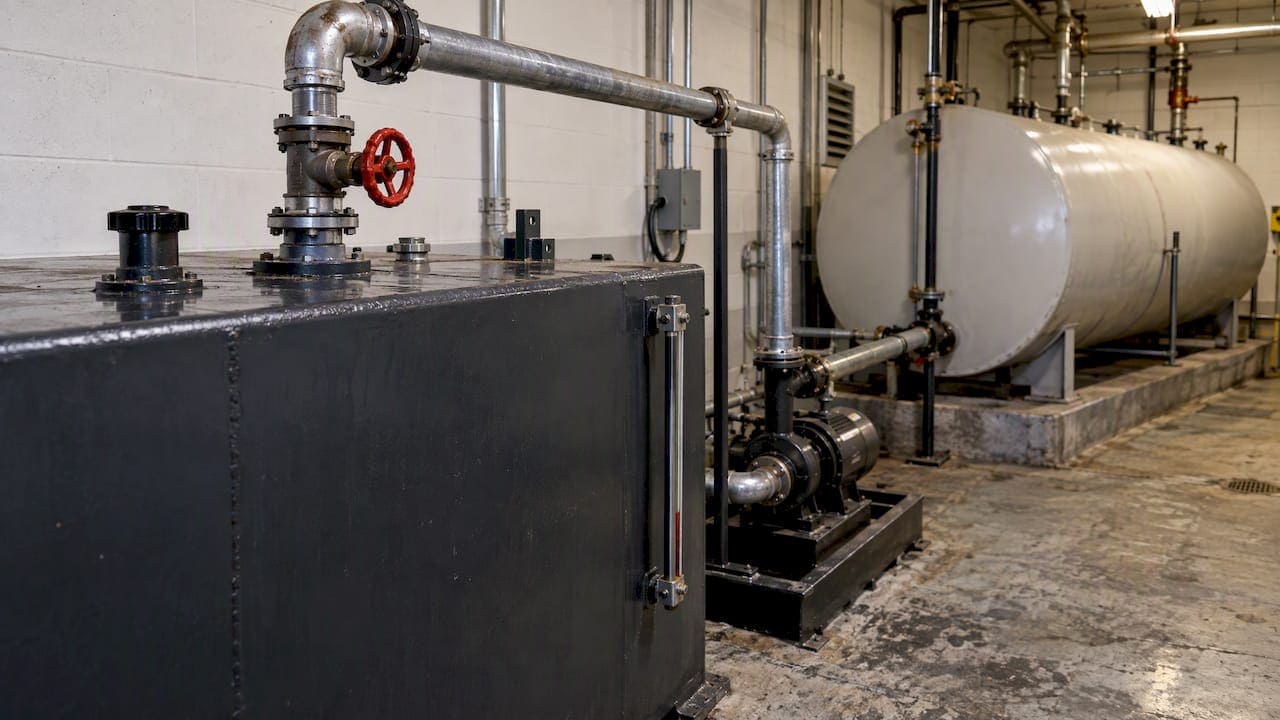 Day tank connected to bulk fuel storage