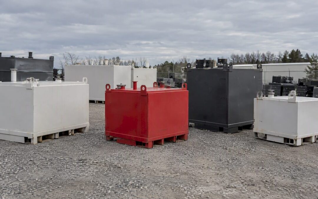 Unbranded rental fuel tanks in an equipment yard