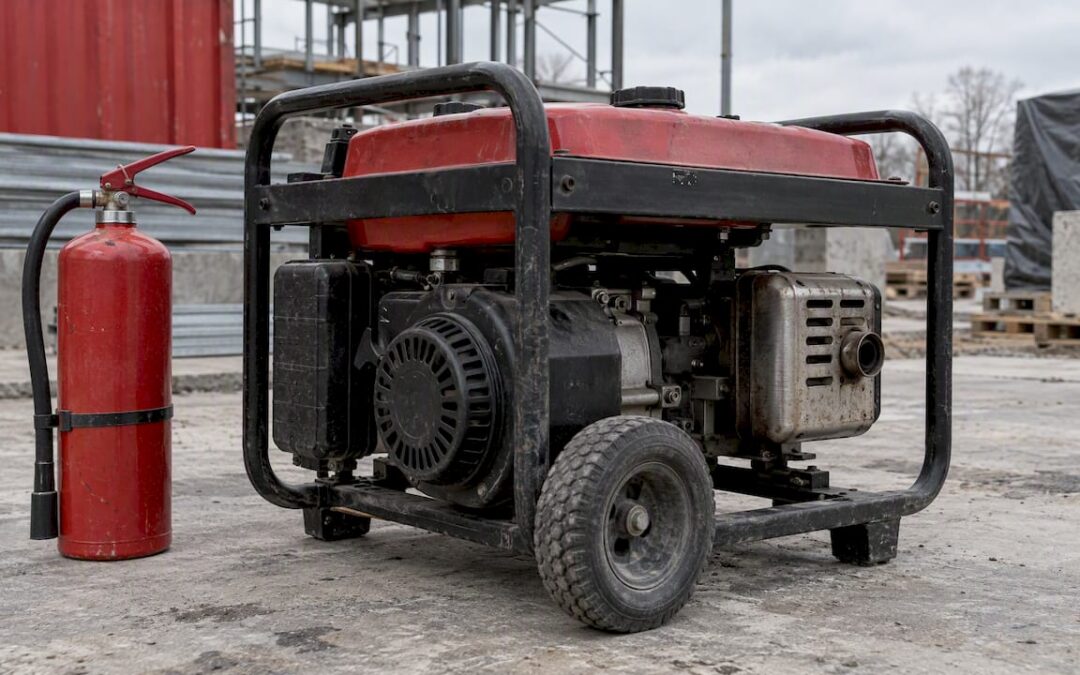 Cooled portable generator with nearby fire extinguisher
