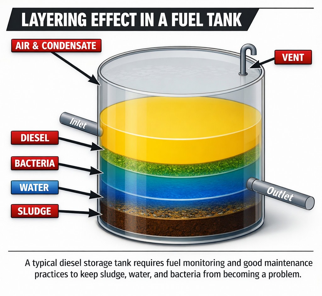 example of layers of sediment found in diesel fuel tank