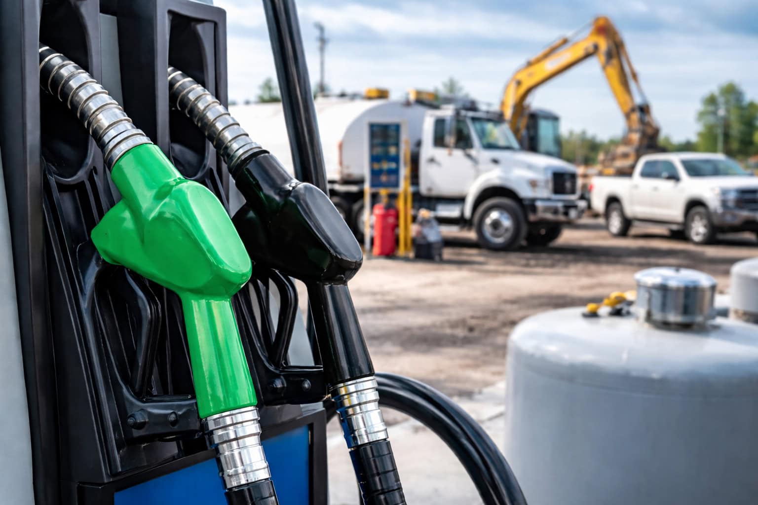Gas and diesel fuel nozzles at a fueling station for vehicles.