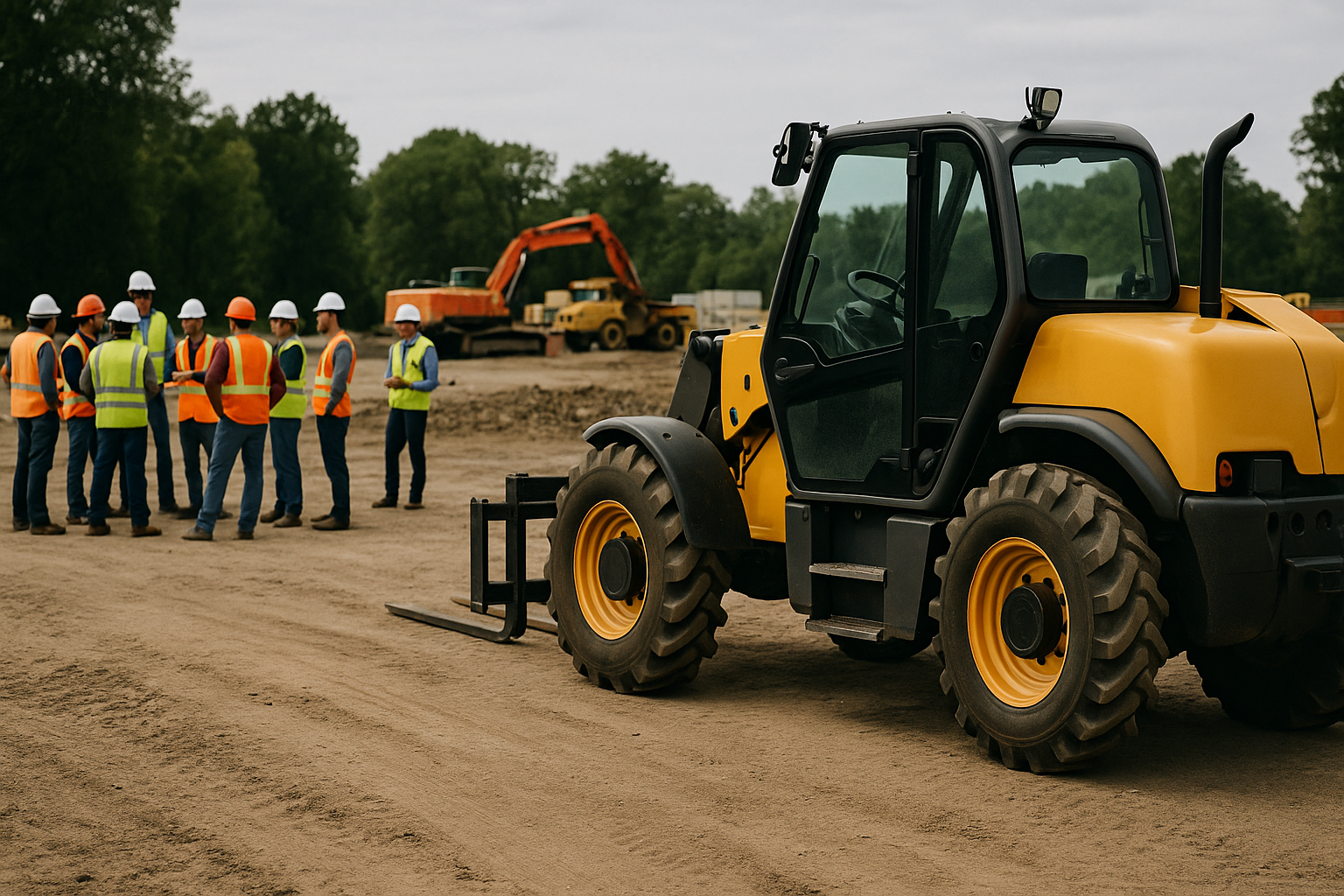 Workers congregate on construction site as they wait for diesel delivery for equipment